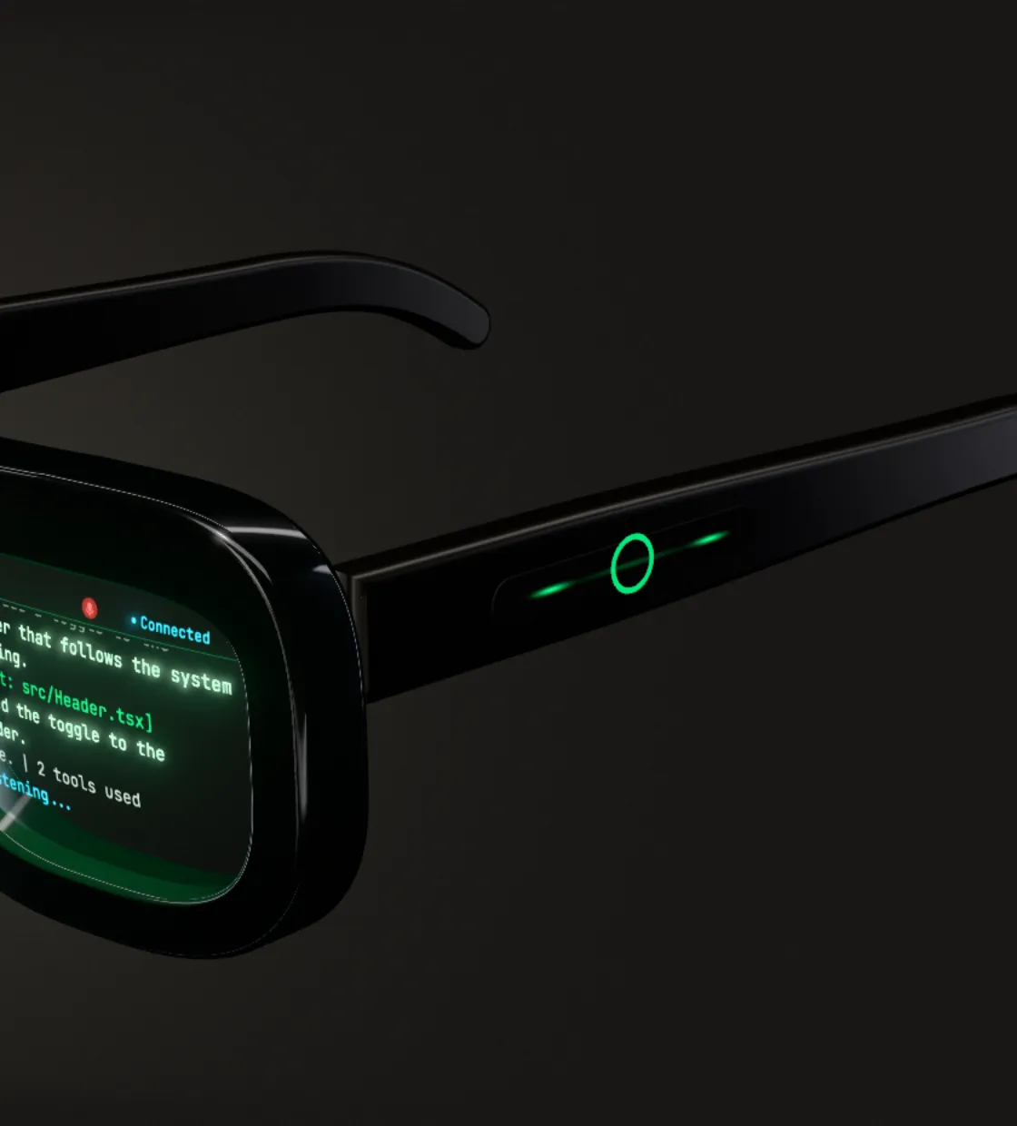 A close-up of the glasses' right temple, with a thin line of green light running along its touch strip.